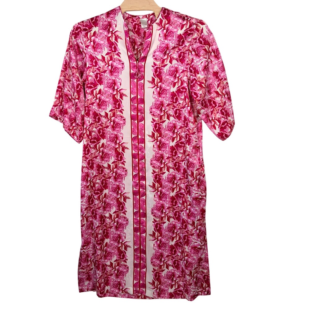 Natori Floral Zip Front Caftan Lounger Medium Pink White i82002